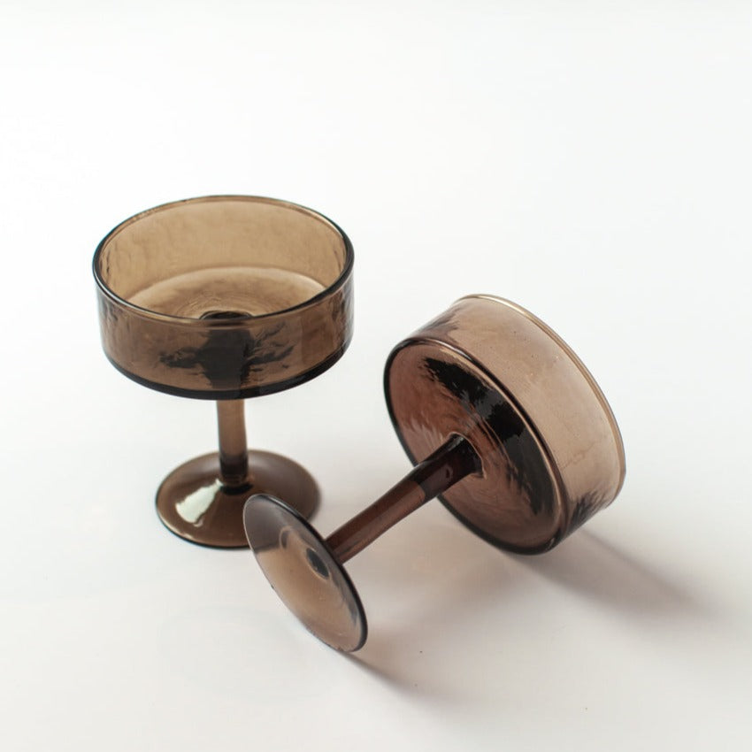 Handblown Hammered Coupe Cocktail Glasses, Smoke - Set of 4