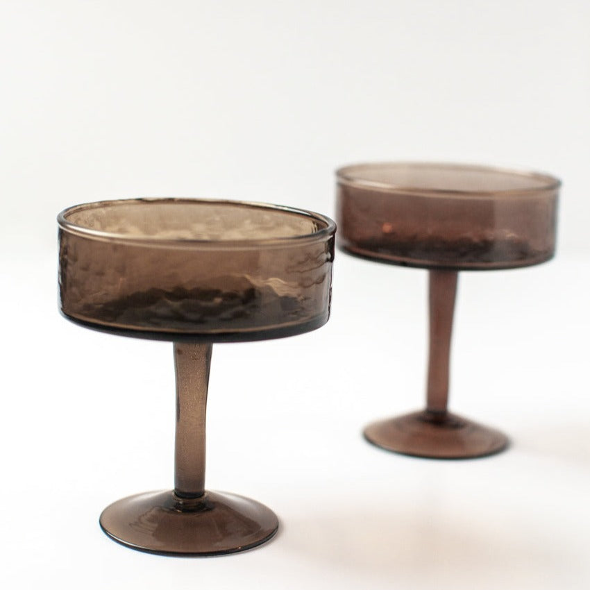 Handblown Hammered Coupe Cocktail Glasses, Smoke - Set of 4