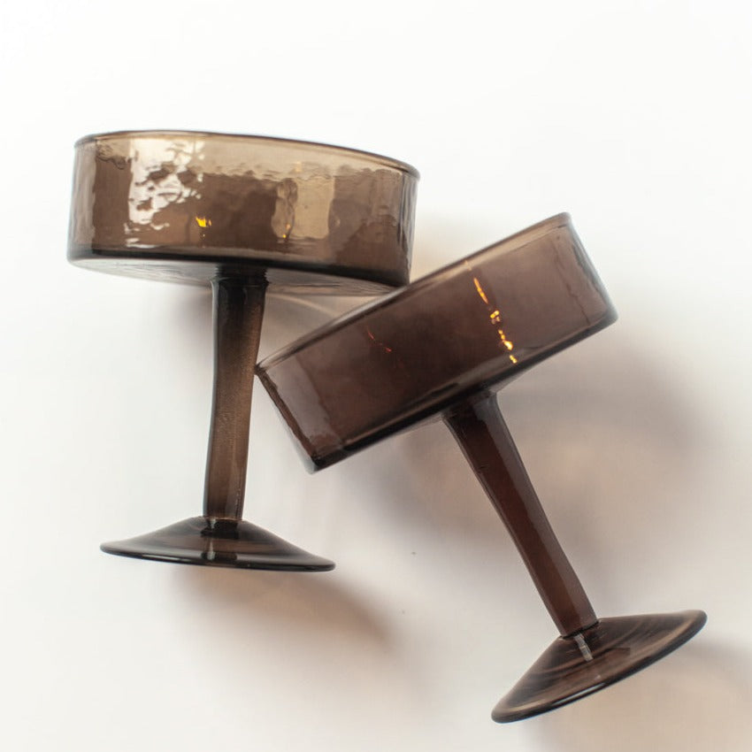 Handblown Hammered Coupe Cocktail Glasses, Smoke - Set of 4