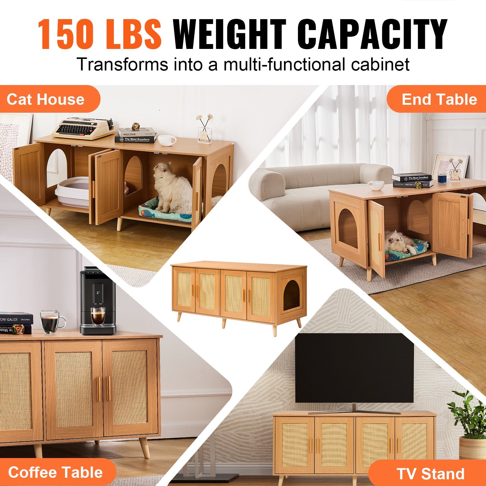 Litter Box Furniture Hidden With Rattan Decorated Doors