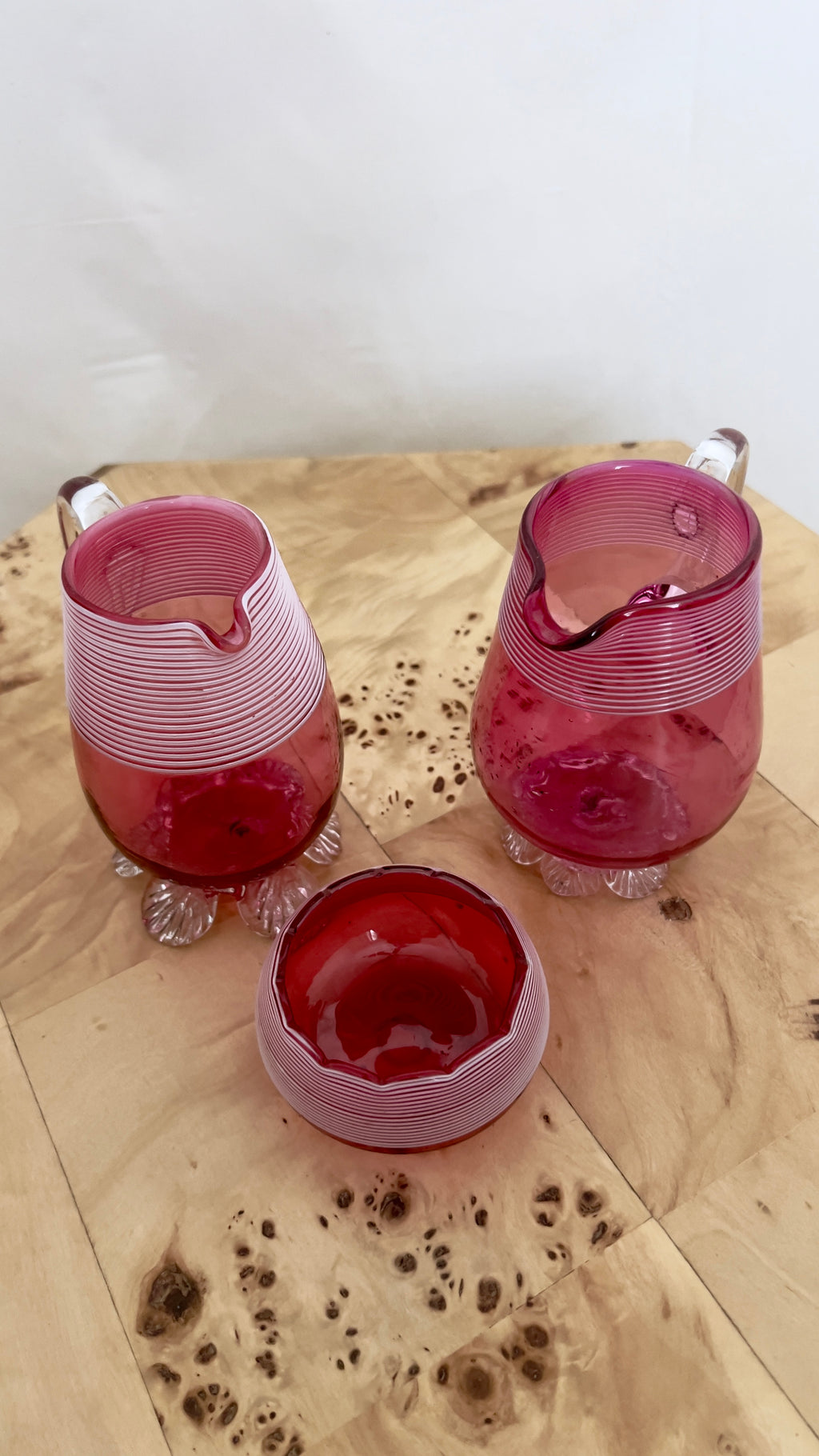 Stevens & Williams Victorian-Era Cranberry Glass Threaded Creamer and Bowl set