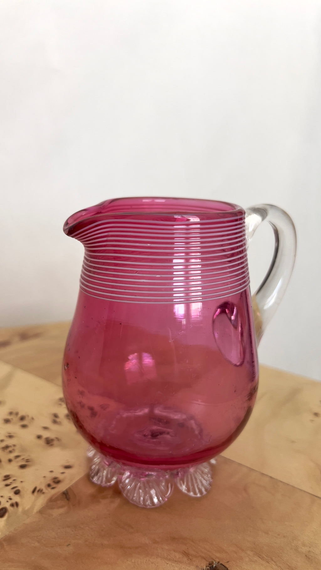 Stevens & Williams Victorian-Era Cranberry Glass Threaded Creamer and Bowl set