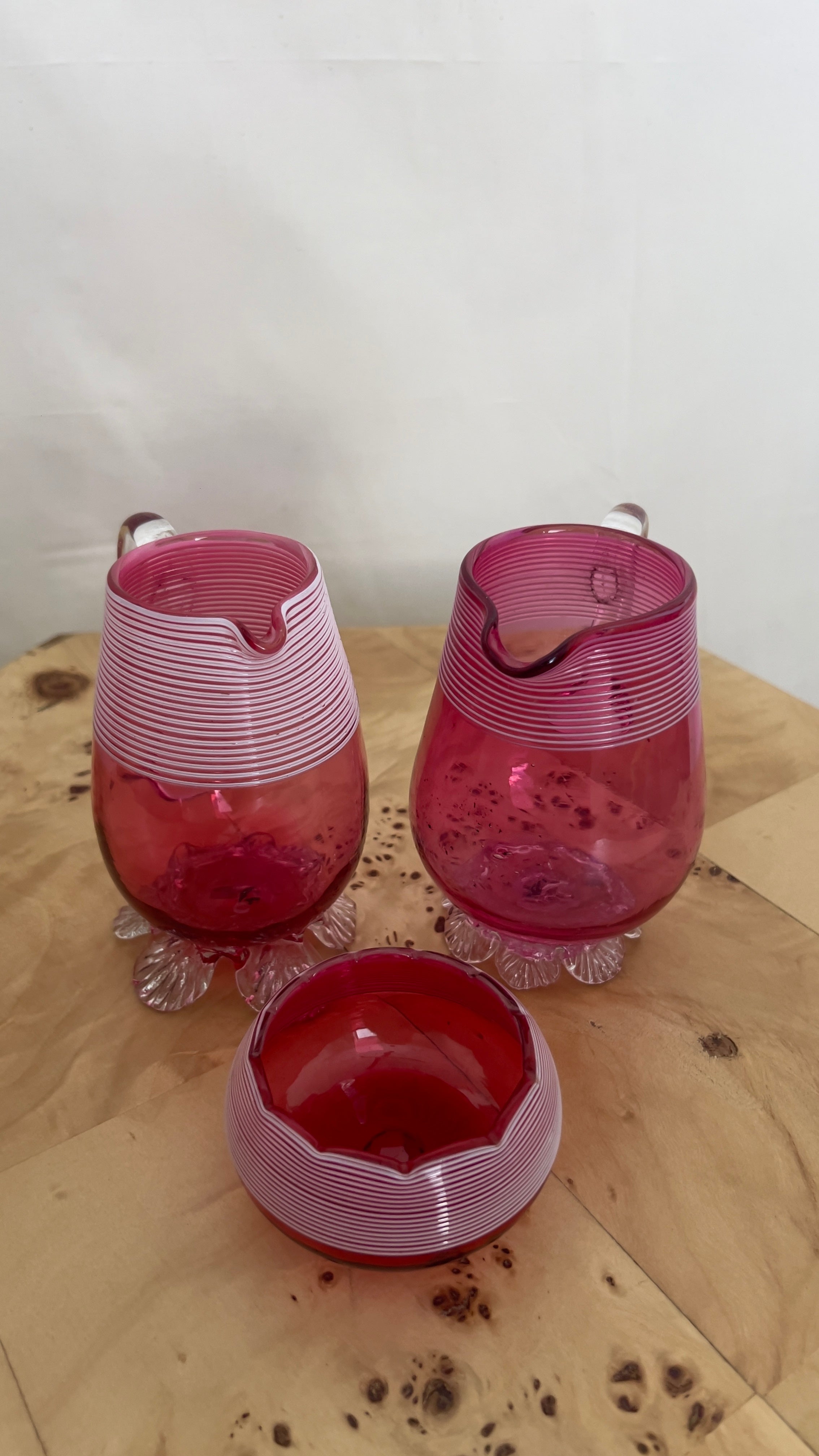 Stevens & Williams Victorian-Era Cranberry Glass Threaded Creamer and Bowl set