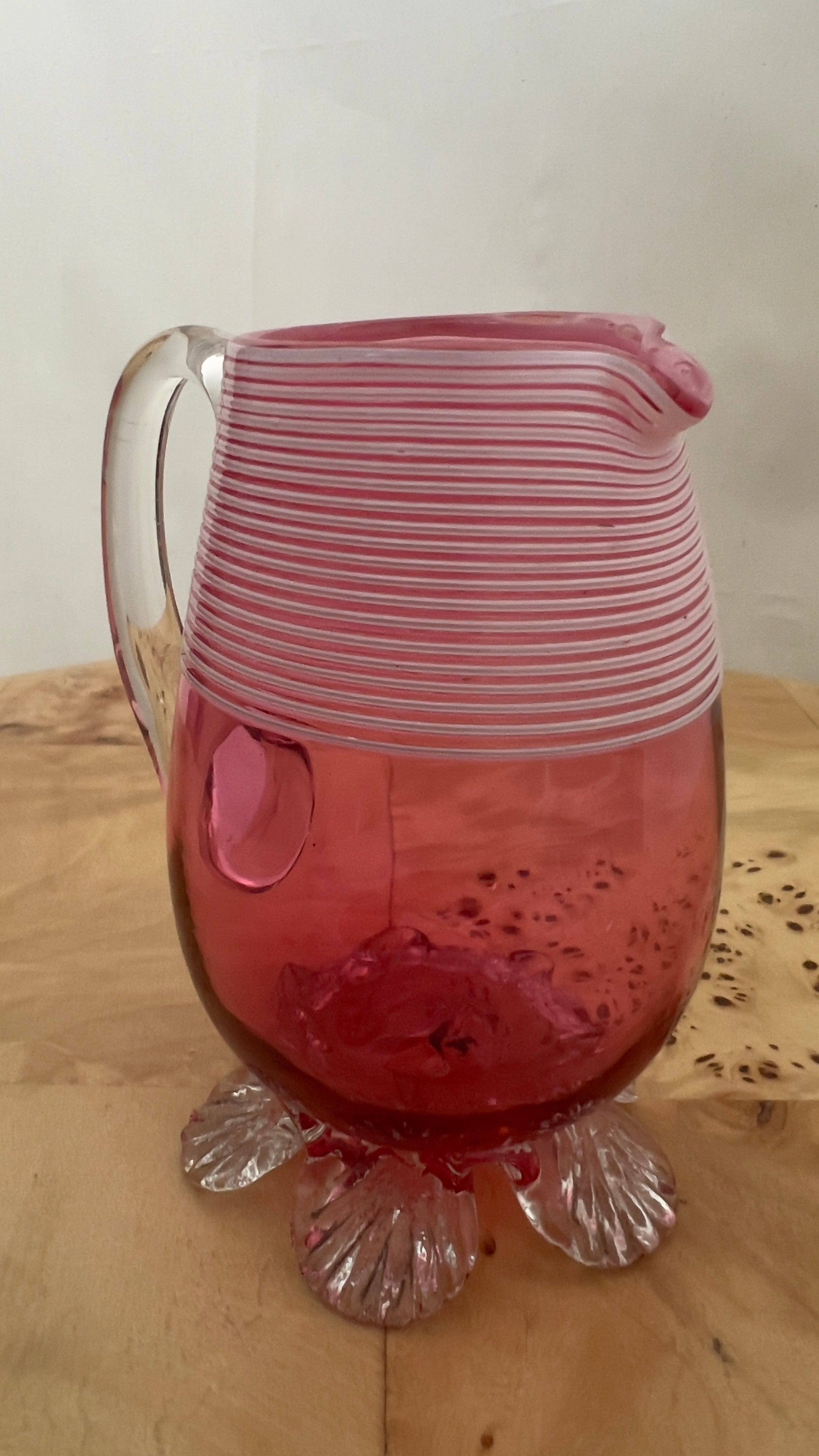 Stevens & Williams Victorian-Era Cranberry Glass Threaded Creamer and Bowl set