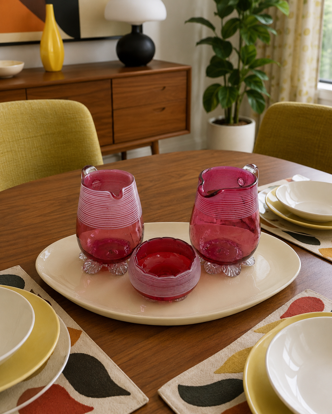 Stevens & Williams Victorian-Era Cranberry Glass Threaded Creamer and Bowl set