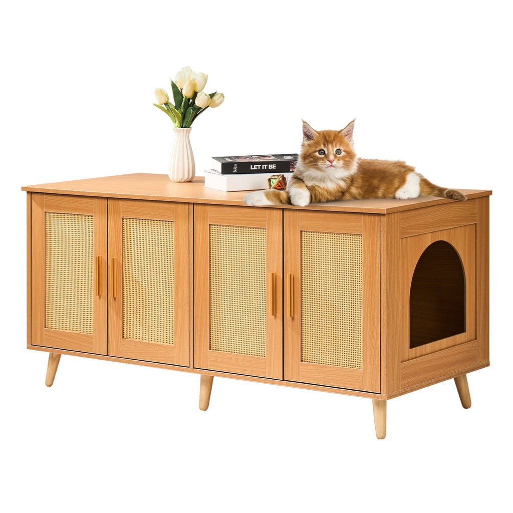 Litter Box Furniture Hidden With Rattan Decorated Doors