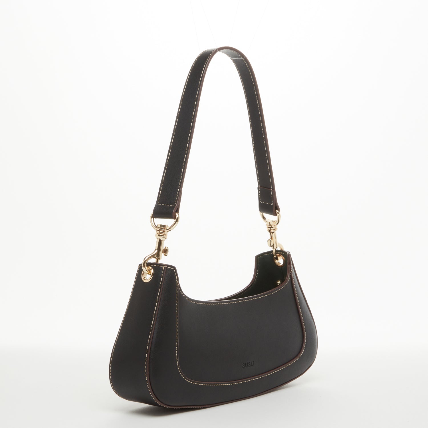 Leather Baguette Bag East West Black Purse